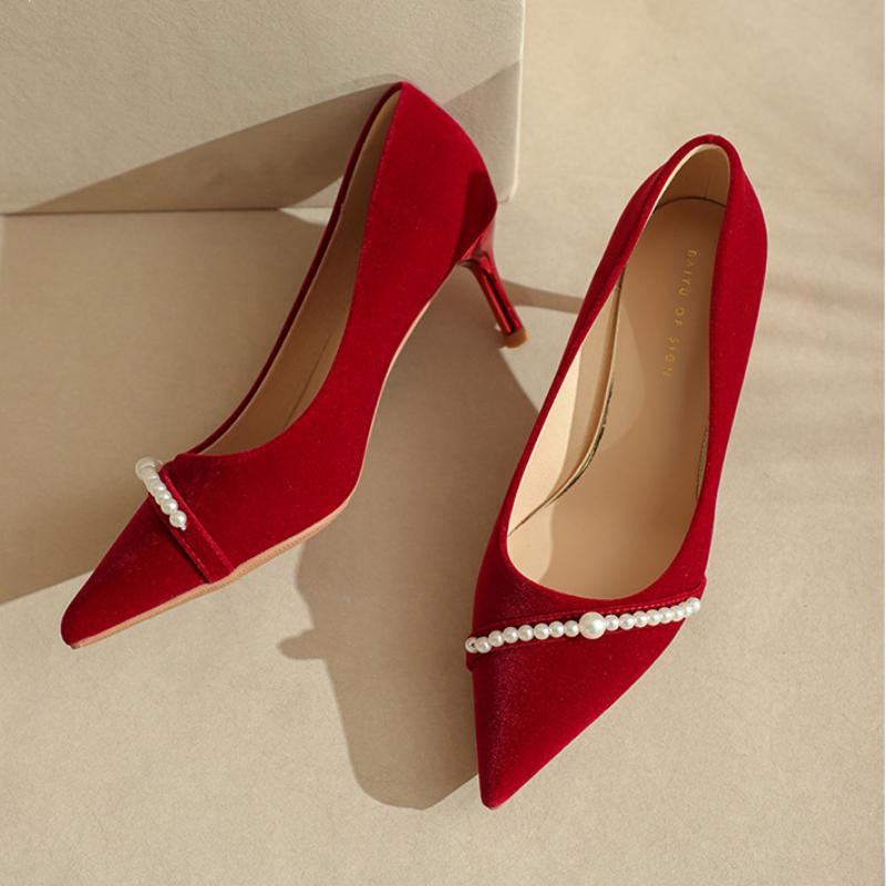 Свадебные туфли 2024 года, туфли на тонком каблуке, женские туфли-лодочки с острым носком и жемчугом, сексуальные французские модные женские туфли с острым носком, Мэри Джейн