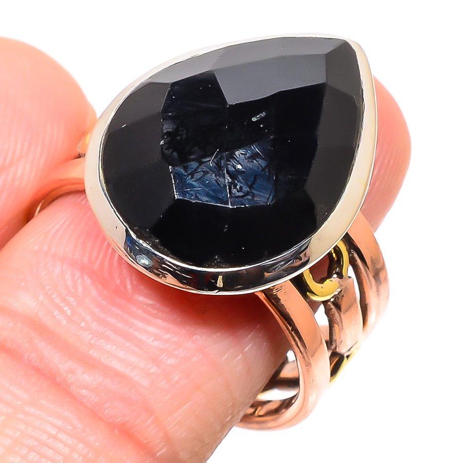 Natural Black Onex Gemstone Two Tone 925 Sterling Silver Jewelry Ring S.9.5 G5Z09