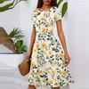 Women's Casual Fashion Round Neck Pleated Short Sleeve Floral Print A-Line Midi Dress