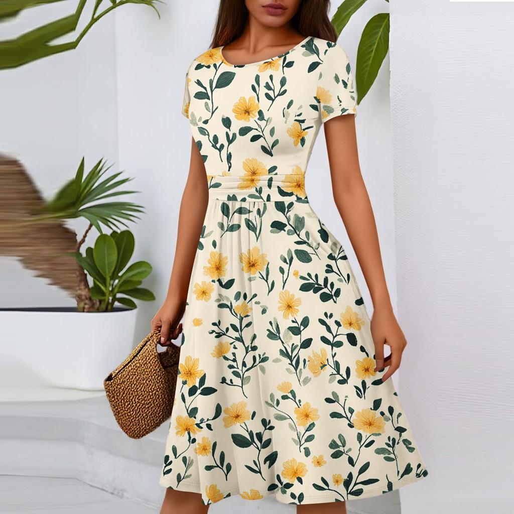 Women's Casual Fashion Round Neck Pleated Short Sleeve Floral Print A-Line Midi Dress