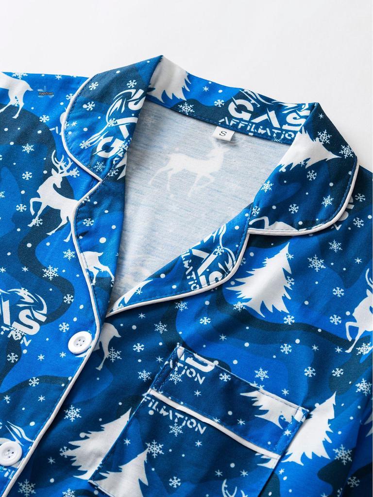 Европейский и американский рождественский принт Женский пижамный комплект - Топ с длинным рукавом и брюки, Хлопковая домашняя одежда для осени/зимы