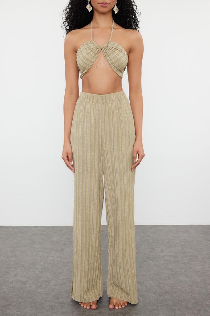 Women's Style Bottom-Top Set Clothes Green Woven Linen Blend Blouse Trouser Set