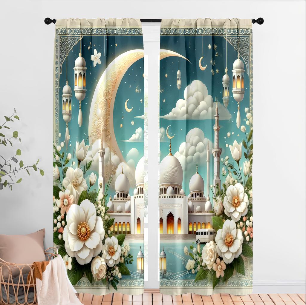 2 шт. Элегантные шторы с исламской мечетью и фонарем, Идеально подходят для декора окон на Рамадан/Ид, Шторы с кулиской для карниза