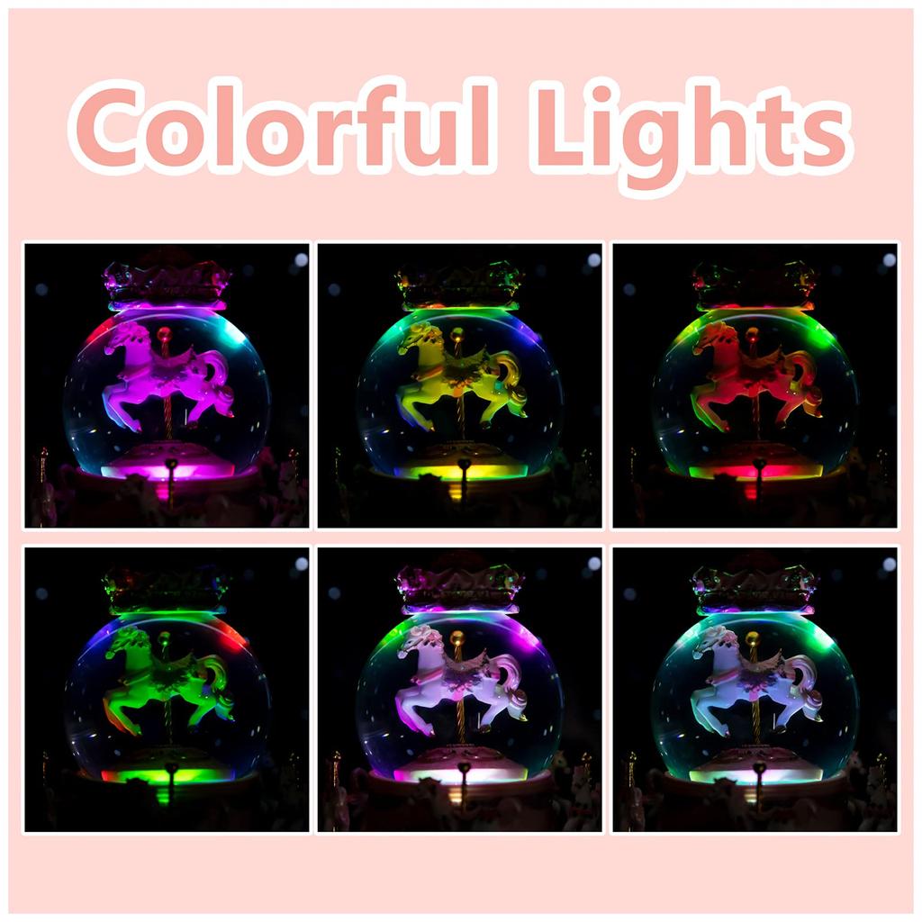 Snow Globe Music Box Color LED Light Crystal Ball Automatic Snowfall Popular Birthday Christmas Gift for Girls Women Girlfriends Merry-Go-Round