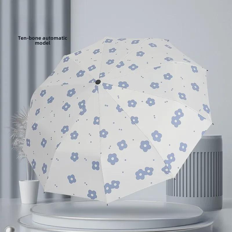 Автоматический женский зонт-цветок двойного назначения: Защита от ветра/дождя и УФ-излучения с тройным складыванием на черном клее.