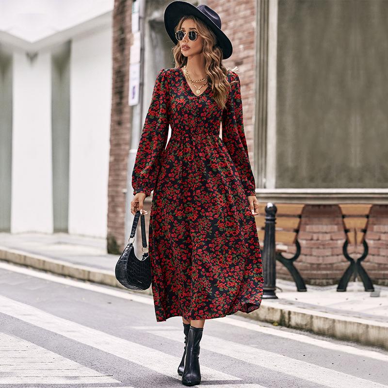 European & American Style Red Printed Long-Sleeve Dress - Women's Spring/Autumn Fashion