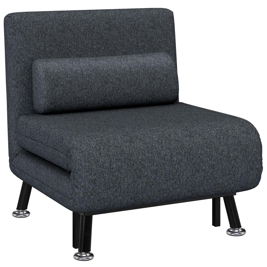 3-in-1 Sofa Bed Armchair with Adjustable Backrest and Cushion, in Linen-Effect Fabric and Steel, Dark Grey