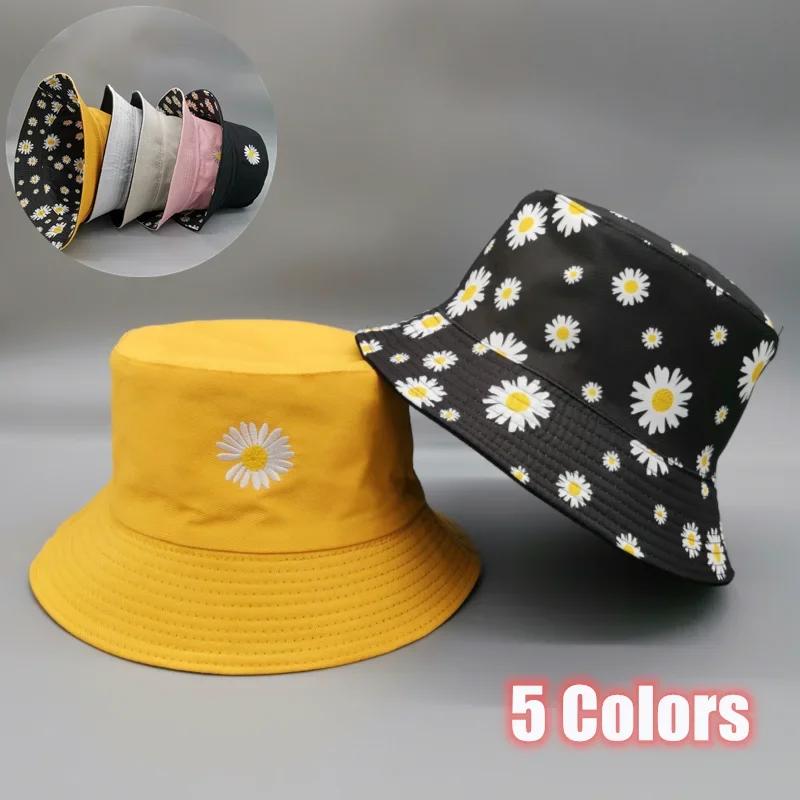 Модная свежая двусторонняя вышивка ромашками, летняя панама с ромашками, унисекс, модная хлопковая пляжная солнечная шляпа с цветочным принтом, шляпа рыбака
