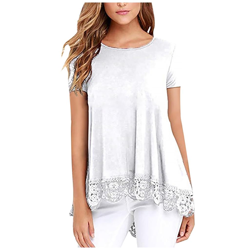 Женские топы с коротким рукавом, кружевной отделкой, О-образным вырезом, туника-блузка А-силуэта, топы для женщин