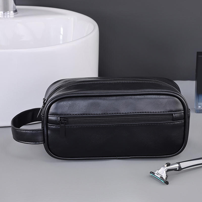 Men PU Wash Bag Travel Business Trips Portable Cosmetic Bag Large Capacity Multi Pocket Design Handheld Wash Bag
