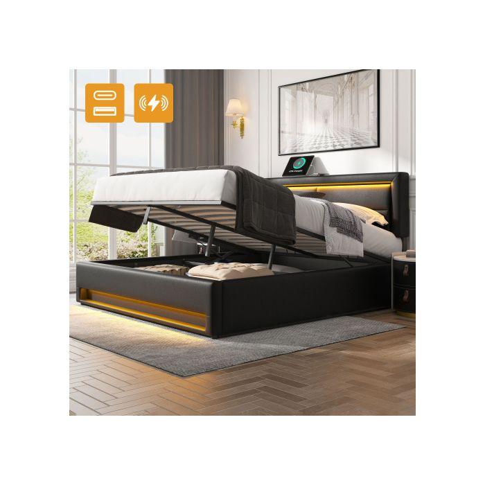Lit rembourré - MUVOE - 140x190 cm - USB - Éclairage LED - Rangement sous le lit