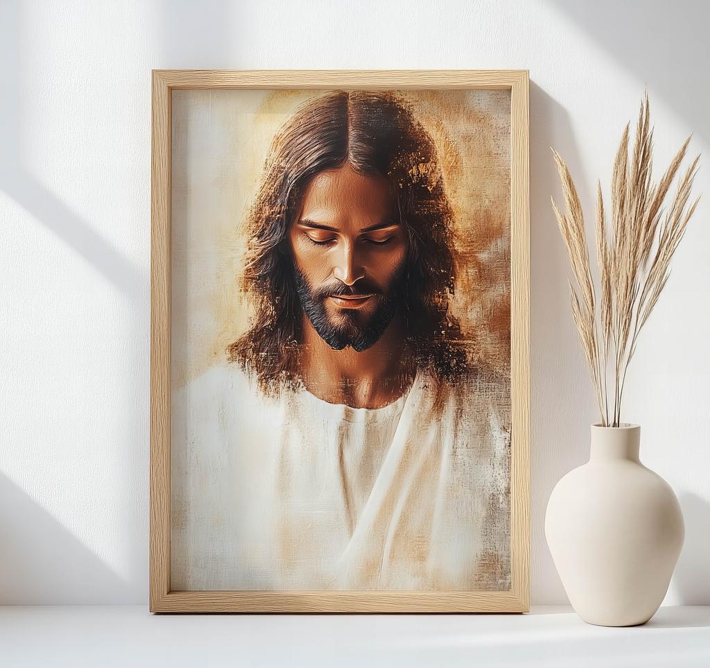 Jezus W Spokoju Serca Jezus W Spokoju Serca, 50X70 Cm, Rama Drewniana Jasny Dąb, Papier Matowy 230 Gsm