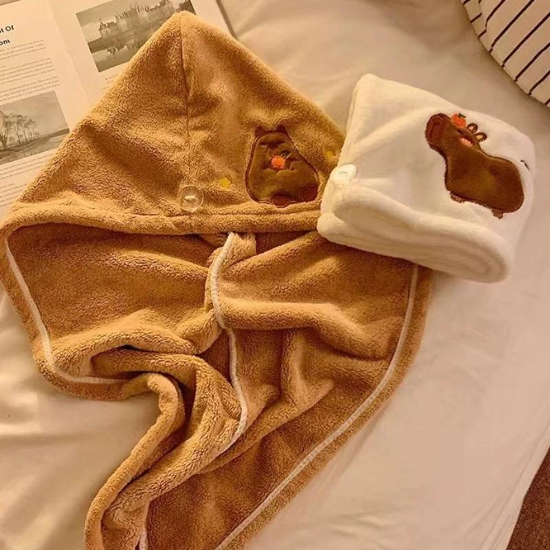 Милая мультяшная плюшевая шапочка для волос Capybara, хорошо впитывающая, быстросохнущая, коралловая бархатная шапочка для душа для женщин, детей, кавайное полотенце для волос для девочек