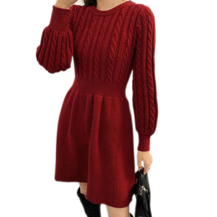 Autumn and Winter Women's Knitted Dress Waisted New Year's War Dress Round Neck Bottoming Twist Sweater Skirt