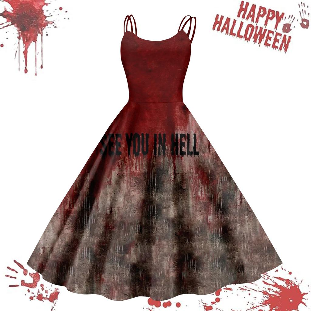 Женское повседневное винтажное платье на подтяжках с принтом на Хэллоуин