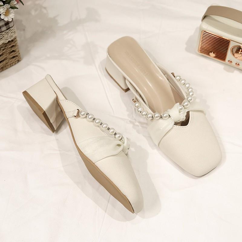 Fashion Women's Fashion Baotou Thick Heel Sandals Spring New Square Head Shallow Mouth Beads A Slip-on Soft Sole Slippers