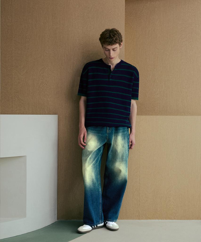 NODU Henley Neck Striped Short Sleeve Knit [Navy]