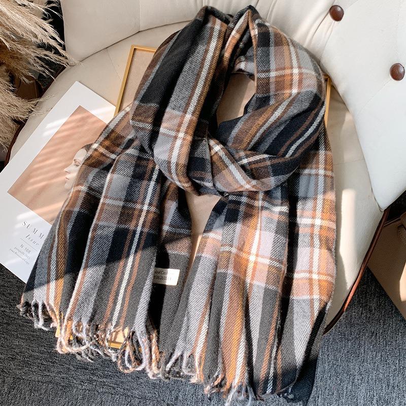 Осенне-зимний клетчатый шарф для женщин, теплая женская шаль с кисточками из искусственного кашемира