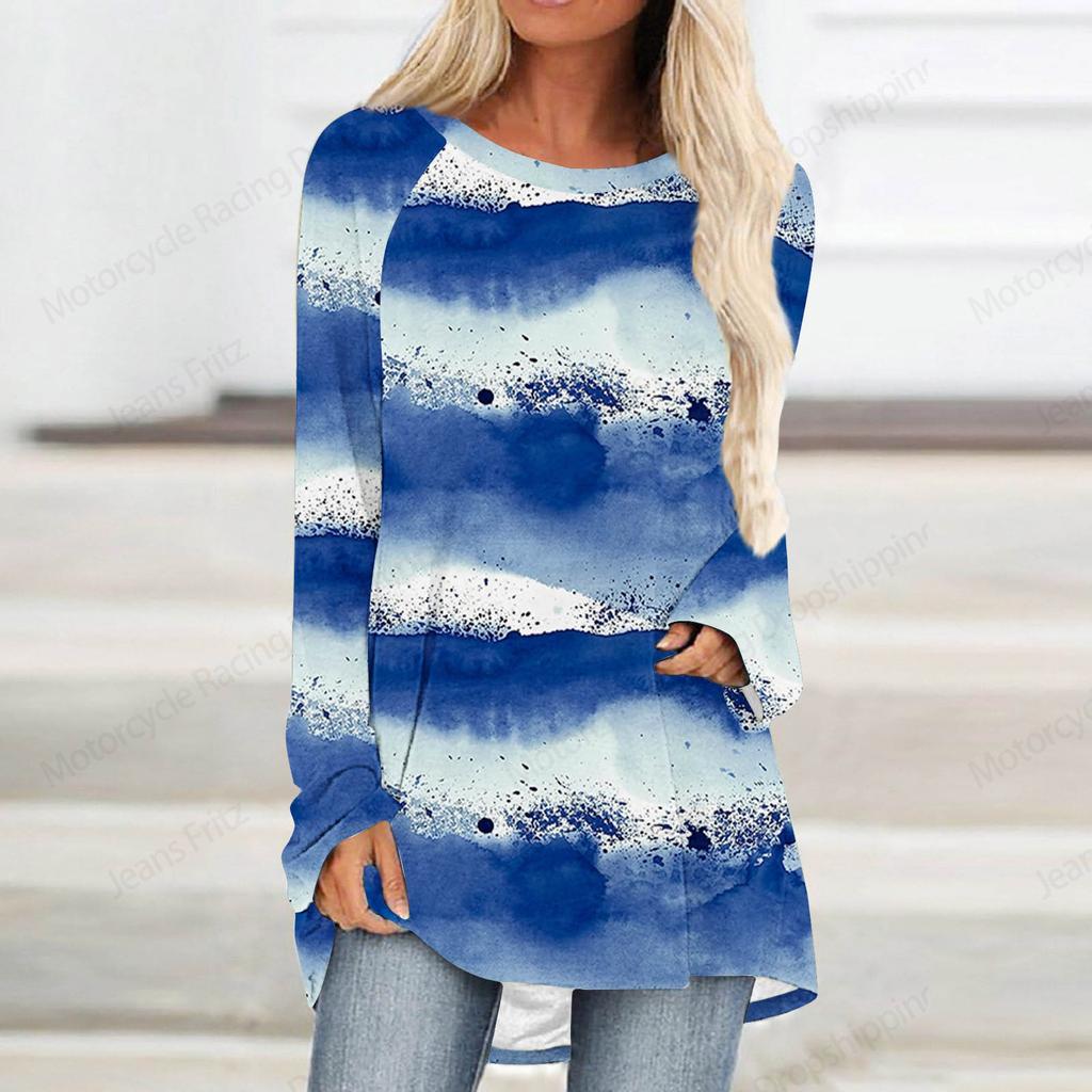 Красный Синий Фиолетовый Звездный 3D Принт Длинный Рукав Футболка Женская Мода Круглый Вырез Длинная Туника Топы Женская Осенняя Полосатая Одежда Роскошь