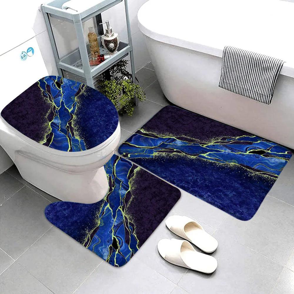 3pcs Sets Black Marble Bath Mats Gold Grey Lines Creative Abstract Geometric Art Home Bathroom Door Rug Anti-Slip Toilet Lid Mat