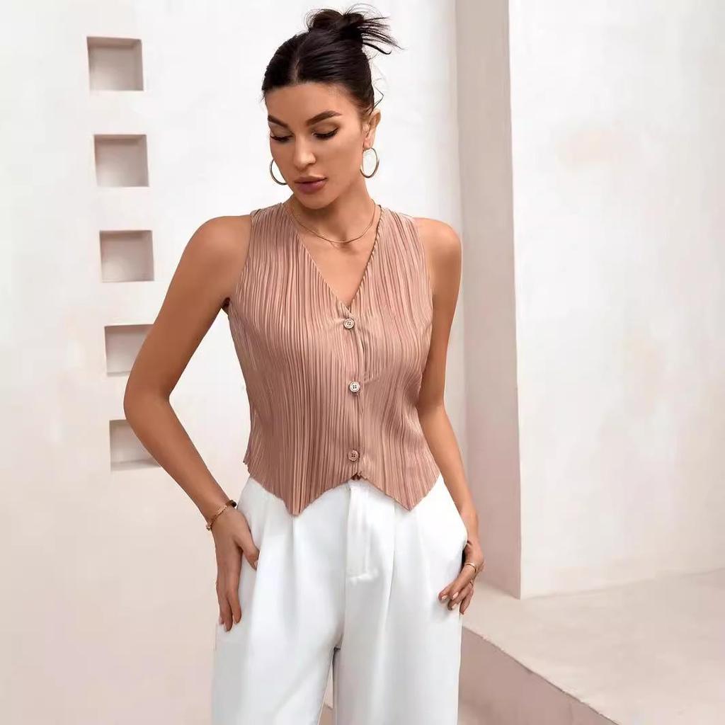 Женский кардиган без рукавов с V-образным вырезом в европейском и американском стиле 2024 года