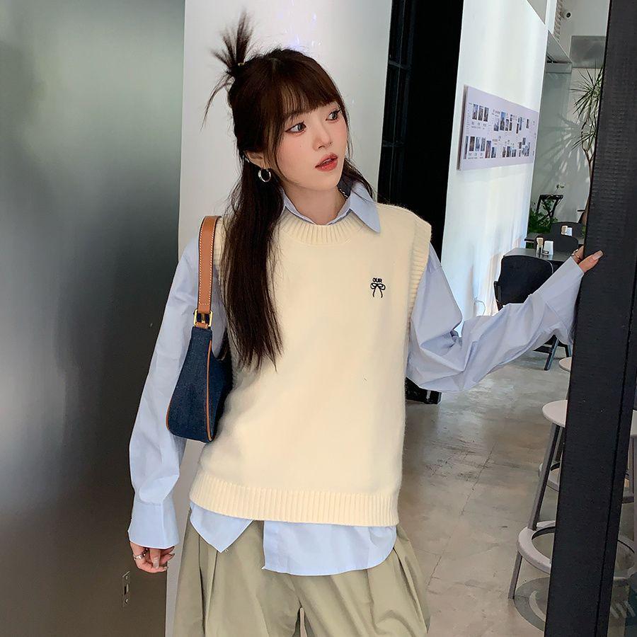 Женский вязаный жилет-свитер - Весна/Осень 2024 Маленький Без рукавов Многослойный топ