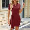 Женское повседневное, модное и сексуальное новое платье длиной до колена с круглым вырезом, копченым ремешком и короткими рукавами
