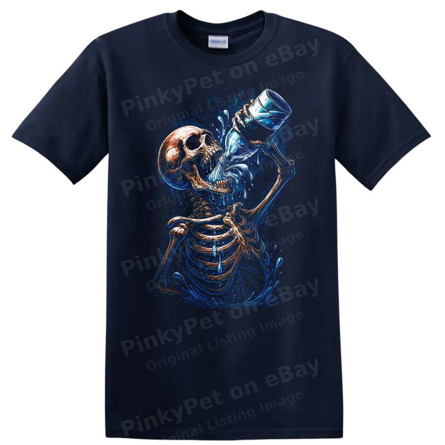 Skeleton Drinking Water Funny Graphic T Shirt Cool Art Design Tee