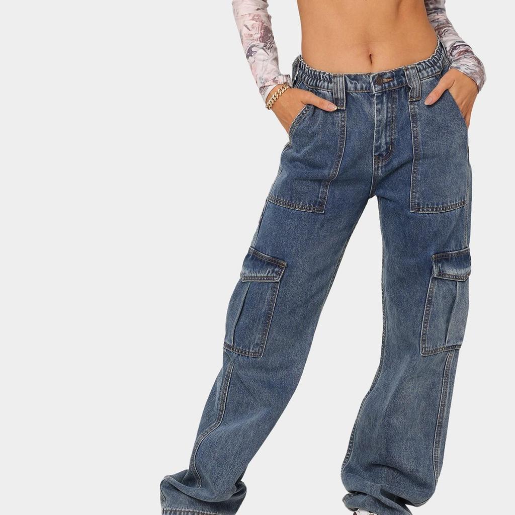 Ladies Straight Loose Wide Leg Pants Cargo Multi Pocket Jeans Casual Jeans For Women