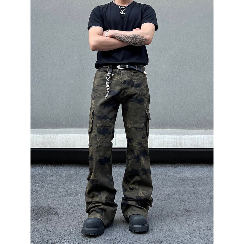 Blaexit American High Street Vibe Scimitar Camouflage Pants Slightly Flared Cargo Pants Men's Straight Slim Casual Long Pants
