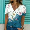 Летний топ с V-образным вырезом, 3D-цветком, цветным блоком и принтом, модные повседневные женские футболки с коротким рукавом