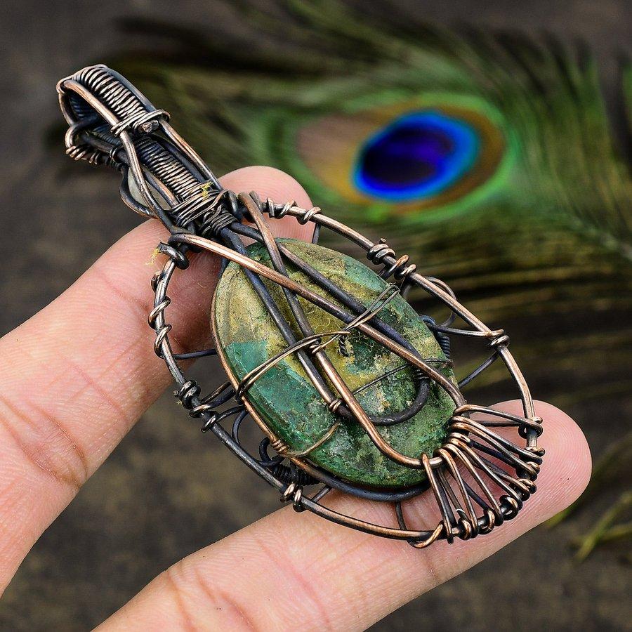 Malachite, Moonstone Gemstone Copper Wire Wrap Jewelry Pendant 3.15"