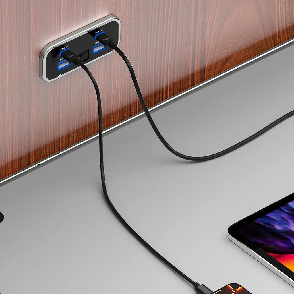 4 Ports Car Charger Socket Panel 12V/24V PD3.0 Type-C Quick Charge & QC3.0 Panel Wall Mount Charger Adapter for Car Bus RV Truck