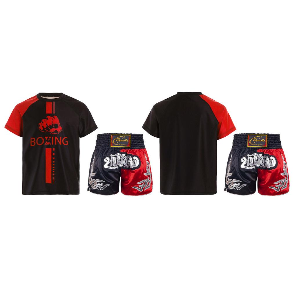 Boys Boxer Training Set Color Block Patchwork T Shirt Round Neck Short Sleeve Athletic Top Boxing Shorts