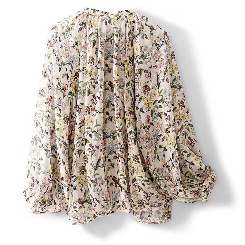 Весна-лето V-образный вырез Цветочная рубашка Женская Дизайн Sense Temperament Длинные рукава Солнцезащитный Топ Блузки Рубашки