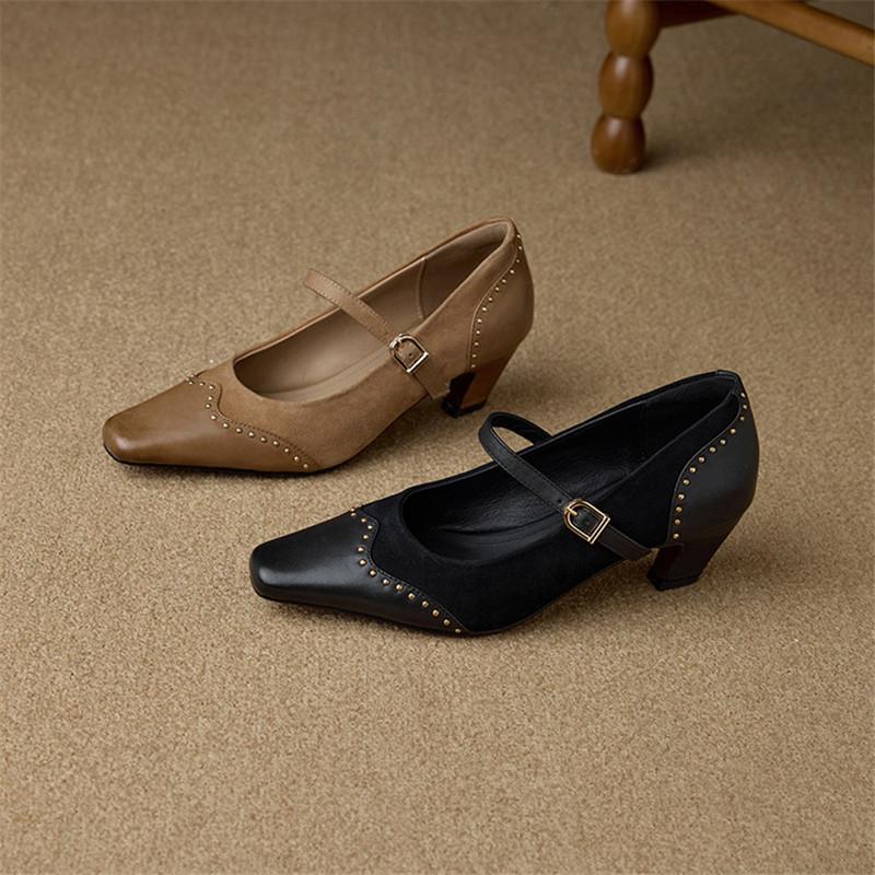 Модная новая весна/осень Натуральная кожа Женская обувь Туфли с квадратным носком для женщин Модные туфли Мэри Джейн с заклепками Женские туфли на высоком каблуке