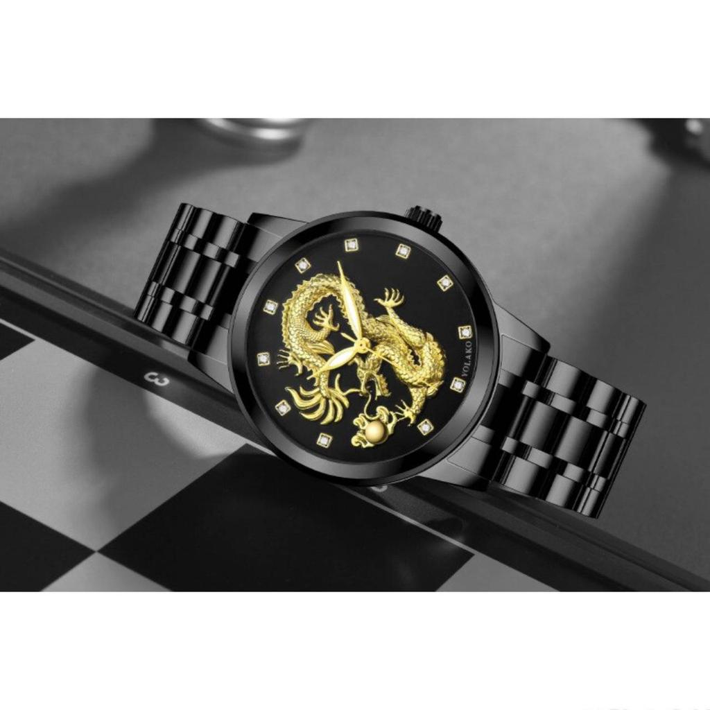 Luxury Round Quartz Rhinestone Dragon Dial Casual Wrist Watches Stainless Strap Fashionable Clock Waterproof Wristwatch for Men