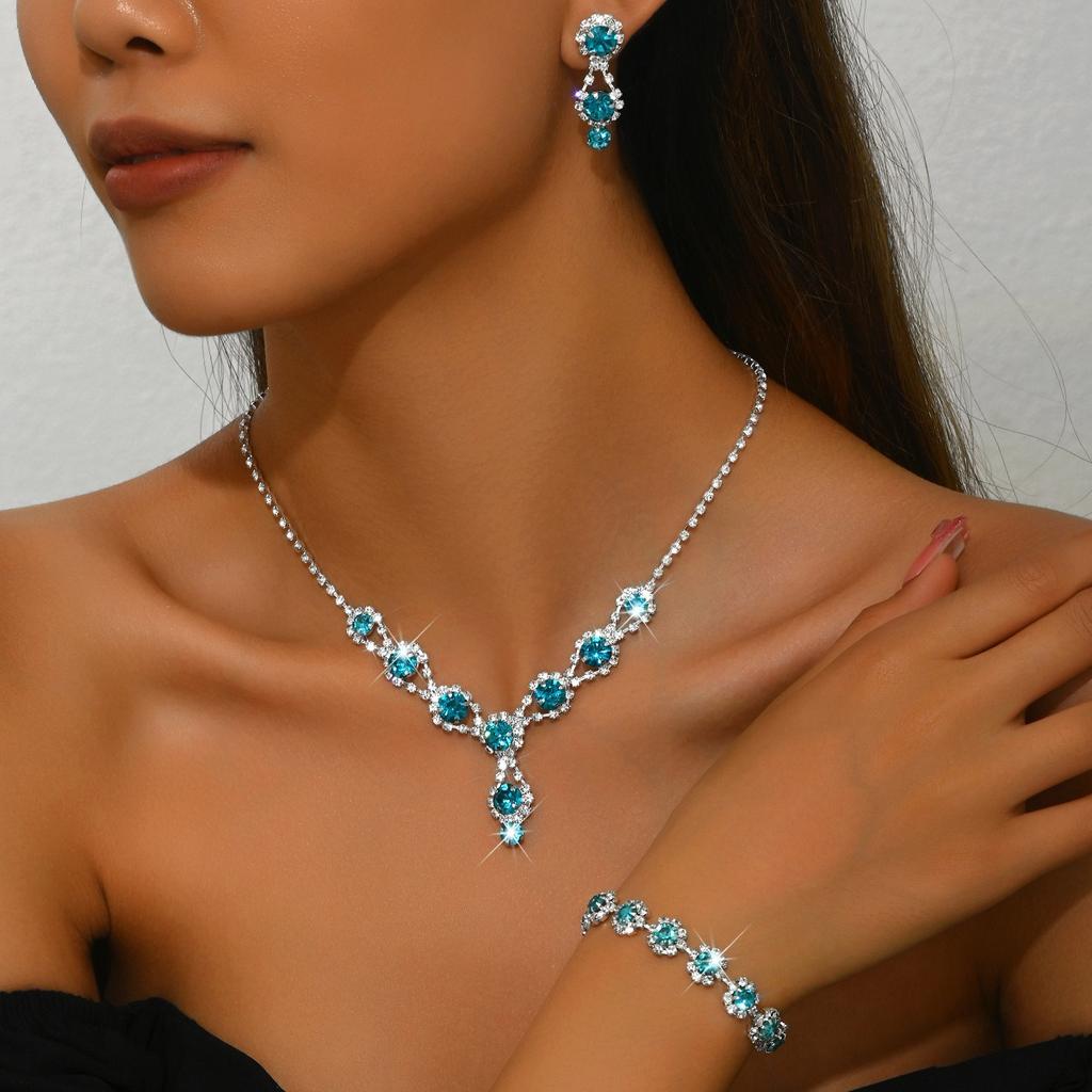 3/4pcs Sweet Romantic Style Colored Zircon Inlaid Women's Necklace Earrings Bracelet Set Banquet Dress Elegant Accessories