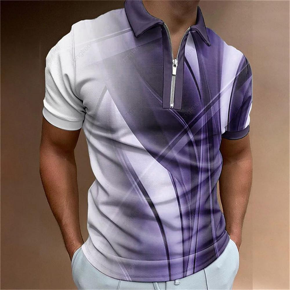 Men's Colorful Striped Printed T-shirt, Zipper, Men's Casual Top, Golf Clothing, Simple and Fashionable Polo, Summer