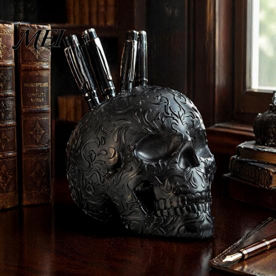 Creative Desktop Accessories Halloween Skull Makeup Brush Holder, Matte Black Gothic Skeleton Pen Organizer Resin Cup for Desk, Storage Figurine