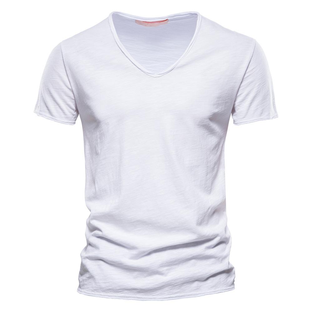 Men's New Solid Color V-neck Short Sleeved T-shirt Made of Pure Cotton