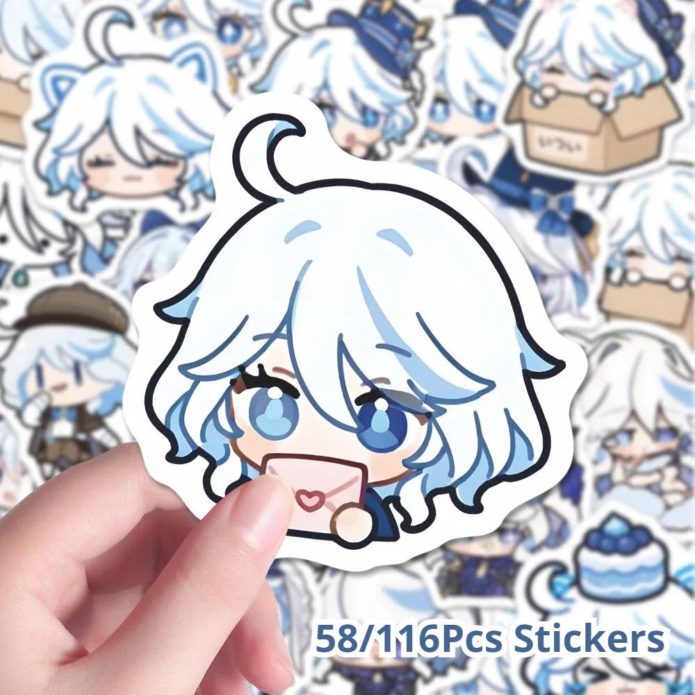 58/116Pcs Genshin Impact Stickers Kawaii Furina Cartoon Q-version Stickers Fans Gift Journaling Materials Decorative Stickers