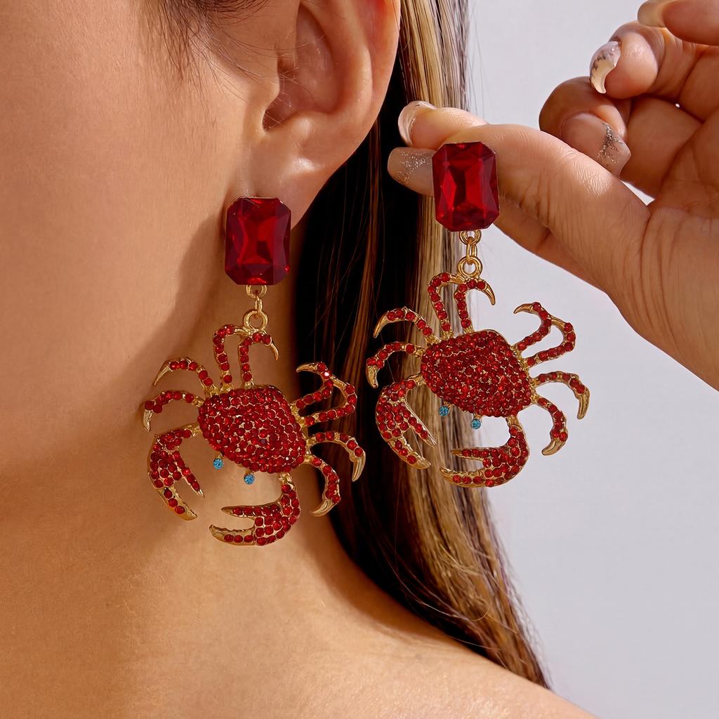 Summer Full Rhinestone Crab Earrings for Women Red Crystal Zircon Cute Sea Animal Drop Earring Beach Vacation Statement Zircon