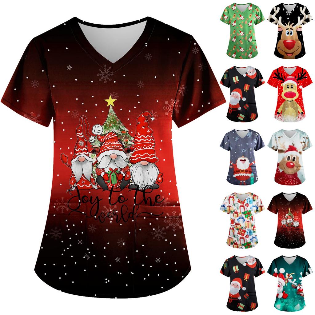 Women's Fashion V-neck Short Sleeve Workwear With Pockets Christmas Printed Tops