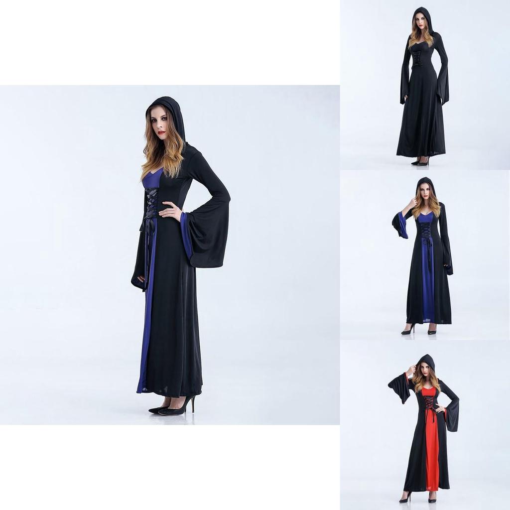 Очаровательное женское готическое платье ведьмы-волшебницы с капюшоном, расклешенными рукавами и шнуровкой