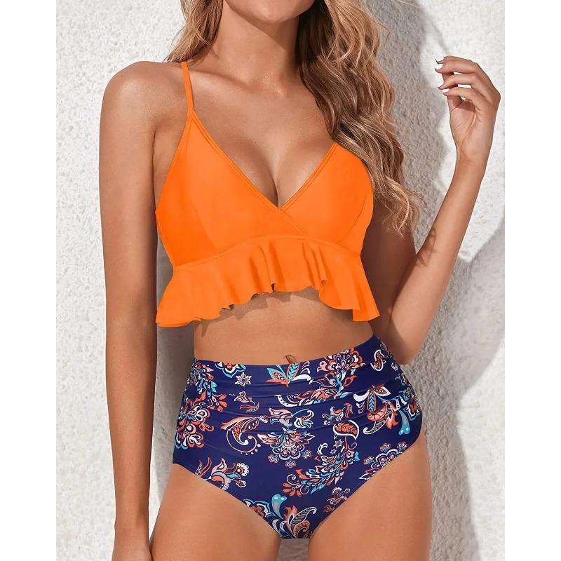 Купальник бикини с высокой талией, однотонный, раздельный дизайн, отделка краем в виде листьев, китайский бренд, модный женский купальник