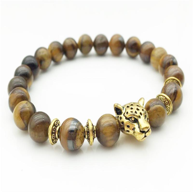 Золотая голова леопарда, золотой тигровый глаз, бусина Будды, браслет из натурального камня агата для мужчин, мужские ювелирные изделия в стиле панк