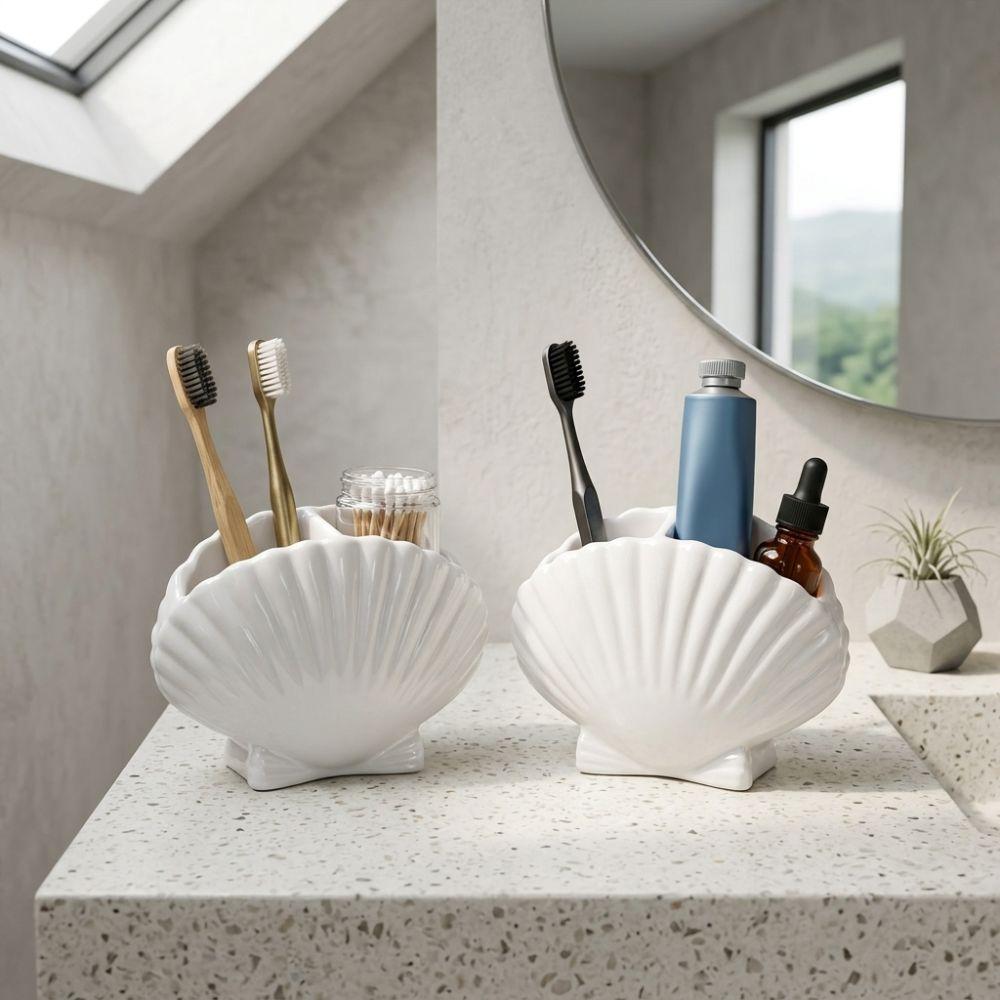 Aesthetic Shell Toothbrush Holder 3D Seashell Desktop Storage Box Bathroom Accessory