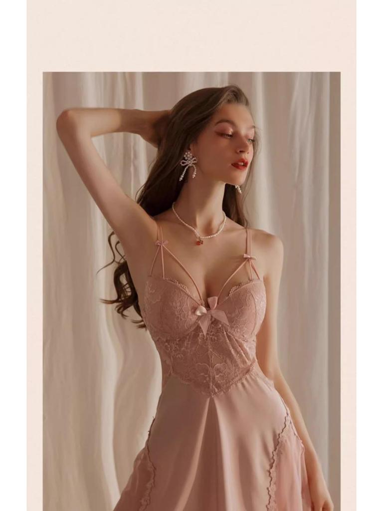 Exquisite Ice Silk Lace Nightgown - Enhances Bust with Pads, Elegant Spaghetti Straps, Perfect for Date Nights