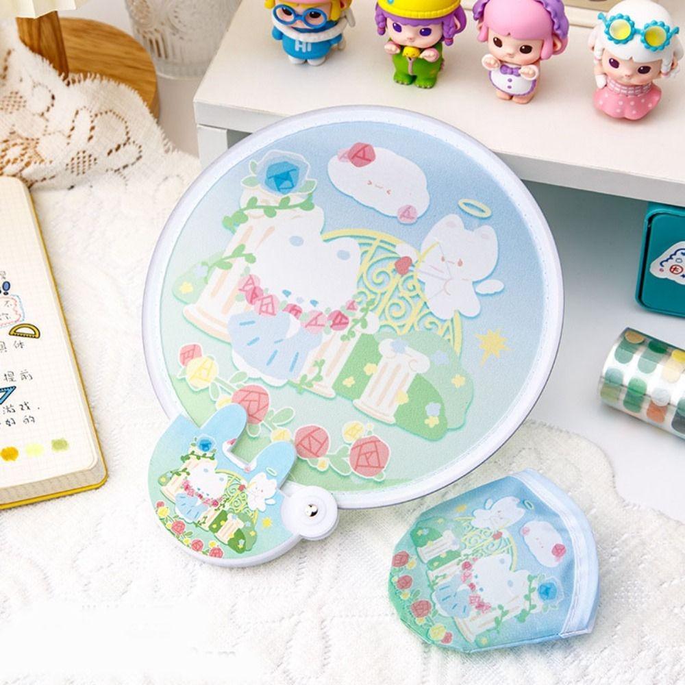 Folding Round Collapsible Pocket Fan Mini Cute Handheld Fan Portable Cartoon Pattern Foldable Fan
